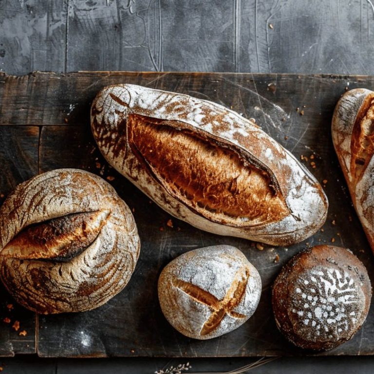 Pan artesano elaborado con Harinas La Encarnación Varios tipos de pan recién horneado sobre una tabla de madera.